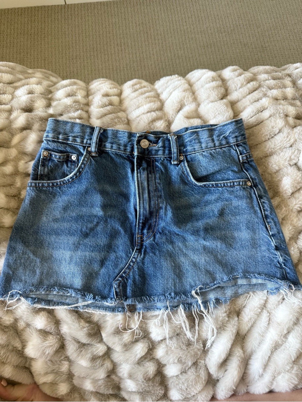 Zara Blue Denim Mini Skirt with Frayed Hem